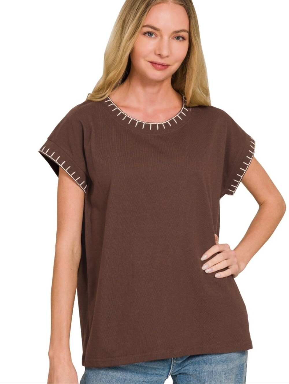 Zenana Stitch detailed oversize top ~ Chocolate